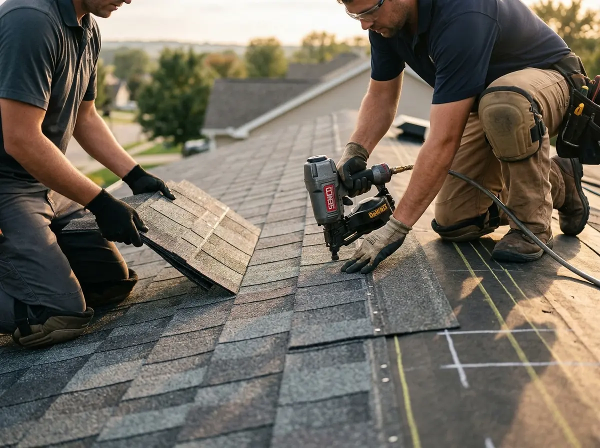 Professional roofer working on a residential roof in Pompton Lakes